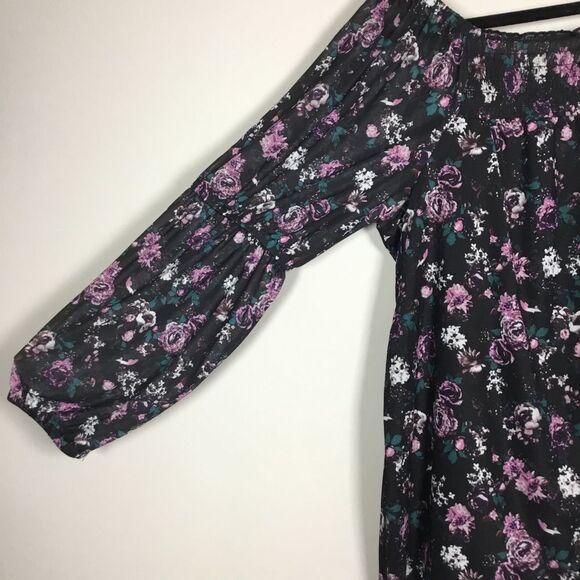 On off shoulder roses print long raunched sleeve blouse peasant milkmaid boho XL - Picture 8 of 8